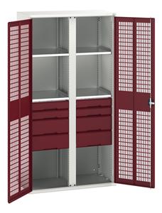 16926778.** verso ventilated door kitted cupboard with 4 shelves, 8 drawers & partition. WxDxH: 1050x550x2000mm. RAL 7035/5010 or selected